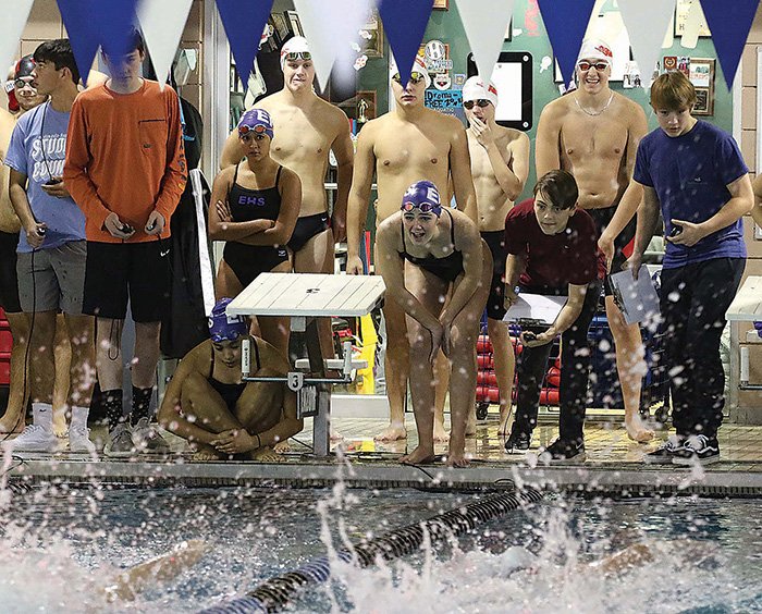 Siandhara Bonnet/News-Times Members of the El Dorado swim team cheer on their teammates during the boys 200-yard medley relay. El Dorado's swim team competed at the Hendrix Invitational Thursday with the Wildcats finishing fourth and the Lady Wildcats finishing fifth. El Dorado's next home meet is scheduled for January 21 at HealthWorks Fitness Center.