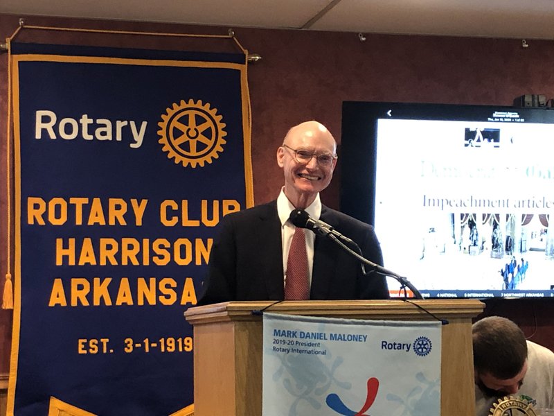 Walter E. Hussman Jr., publisher of the Northwest Arkansas Democrat-Gazette, speaks Thursday to the Harrison Rotary Club about the newspaper converting to daily iPad delivery in Harrison. (NWA Democrat-Gazette/Rusty Turner)