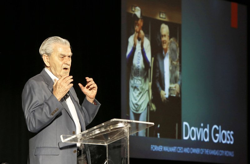 David Glass, former chief executive officer of Walmart and owner of the Kansas City Royals, speaks in 2016 at the annual Emerging Trends in Retailing Conference at the John Q. Hammons Center in Rogers. Glass' death at 84 was announced Friday. (File photo/NWA Democrat-Gazette/David Gottschalk)
