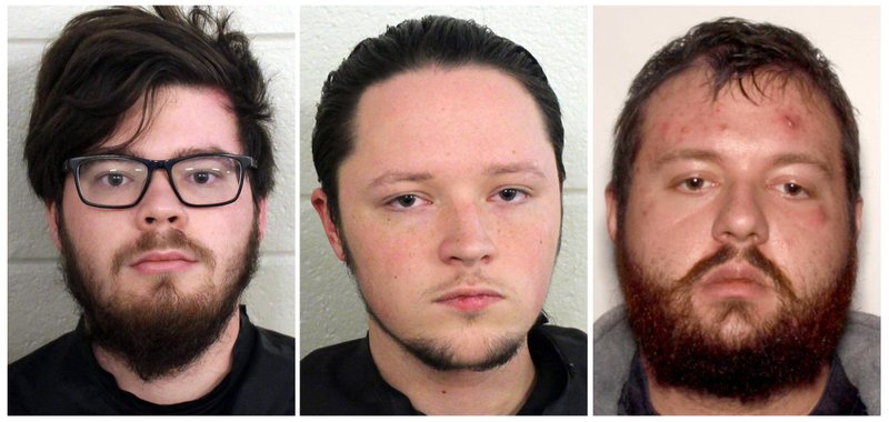 These undated photos provided by Floyd County, Ga., Police show from left, Luke Austin Lane of Floyd County, Jacob Kaderli of Dacula, and Michael Helterbrand of Dalton, Ga. FBI spokesman Kevin Rowson said Friday that agents assisted in the arrests of the three Georgia men linked to The Base, a violent white supremacist group, on charges of conspiracy to commit murder and participating in a criminal street gang. Details of their cases have been sealed by a judge, Floyd County police Sgt. Chris Fincher said. - Floyd County Police via AP