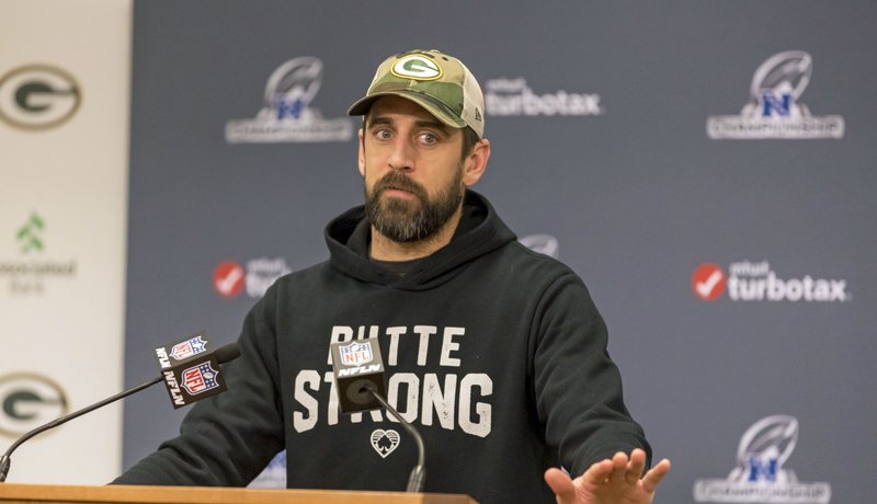 Green Bay Packers quarterback Aaron Rodgers answers questions from the media Friday Jan. 17, 2020, in Green Bay, Wis. 