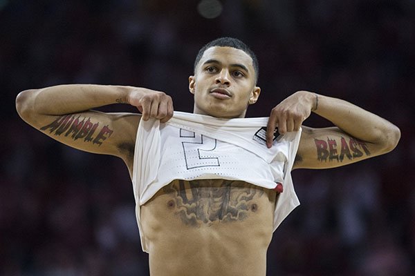 Arkansas guard Jalen Harris walks off the floor following the Razorbacks' 73-66 loss to Kentucky on Saturday, Jan. 18, 2020, in Fayetteville.