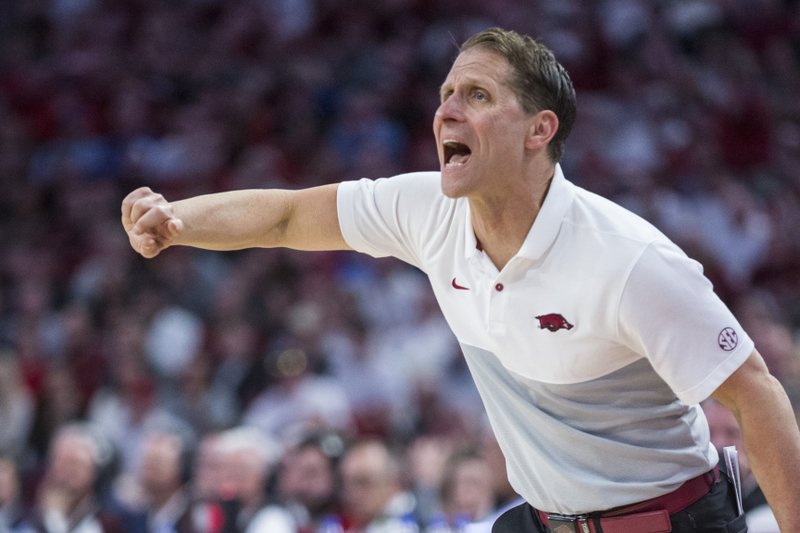 Eric Musselman, Arkansas head coach, reacts in the second half vs Kentucky Saturday, Jan. 18, 2020, at Bud Walton Arena in Fayetteville. The Razorbacks lost 73-66 to the Wildcats. 