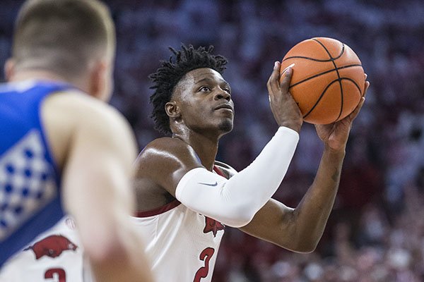 Arkansas forward Adrio Bailey (2) shoots a free throw during a game against Kentucky on Saturday, Jan. 18, 2020, in Fayetteville.