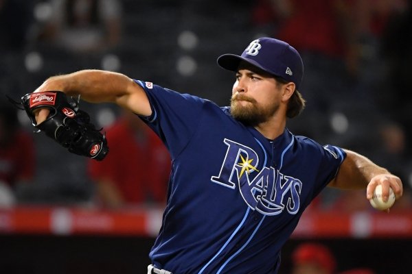 Tampa Bay Rays relief pitcher Jalen Beeks throws during the ninth inning of the team's baseball game against the Los Angeles Angels on Friday, Sept. 13, 2019, in Anaheim, Calif. (AP Photo/Mark J. Terrill)