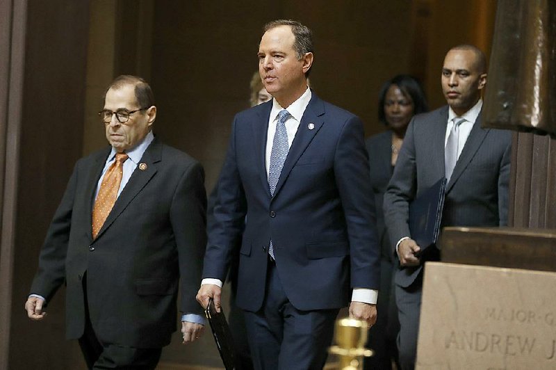 Impeachment managers, House Judiciary Committee Chairman, Rep. Jerrold Nadler, D-N.Y., left, and House Intelligence Committee Chairman Adam Schiff, D-Calif., center, walk from the Senate with Rep. Hakeem Jeffries, D-N.Y., and Rep. Val Demings, D-Fla., at the Capitol in Washington, Thursday, Jan. 16, 2020.