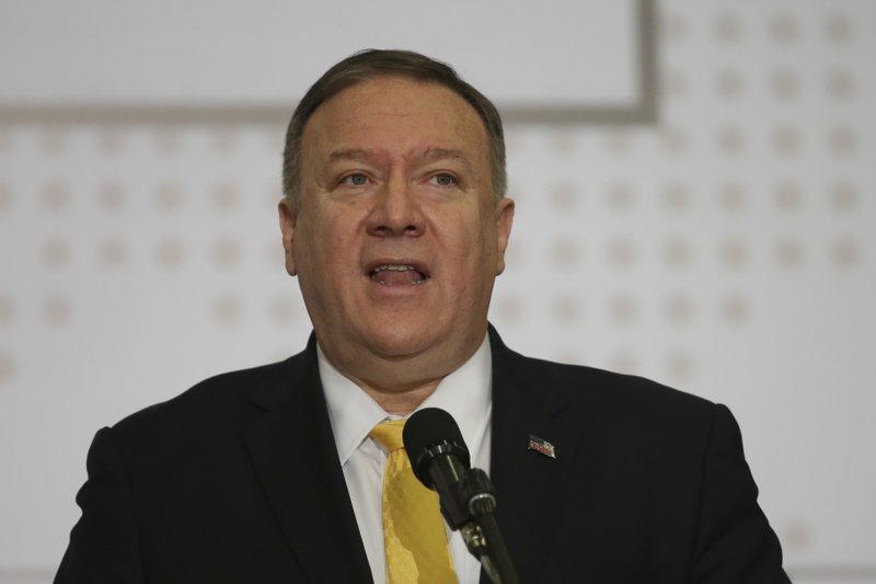 U.S. Secretary of State Mike Pompeo speaks during the opening of a regional counter-terrorism meeting at the police academy in Bogota, Colombia, Monday, Jan. 20, 2020. (AP Photo/Ivan Valencia)