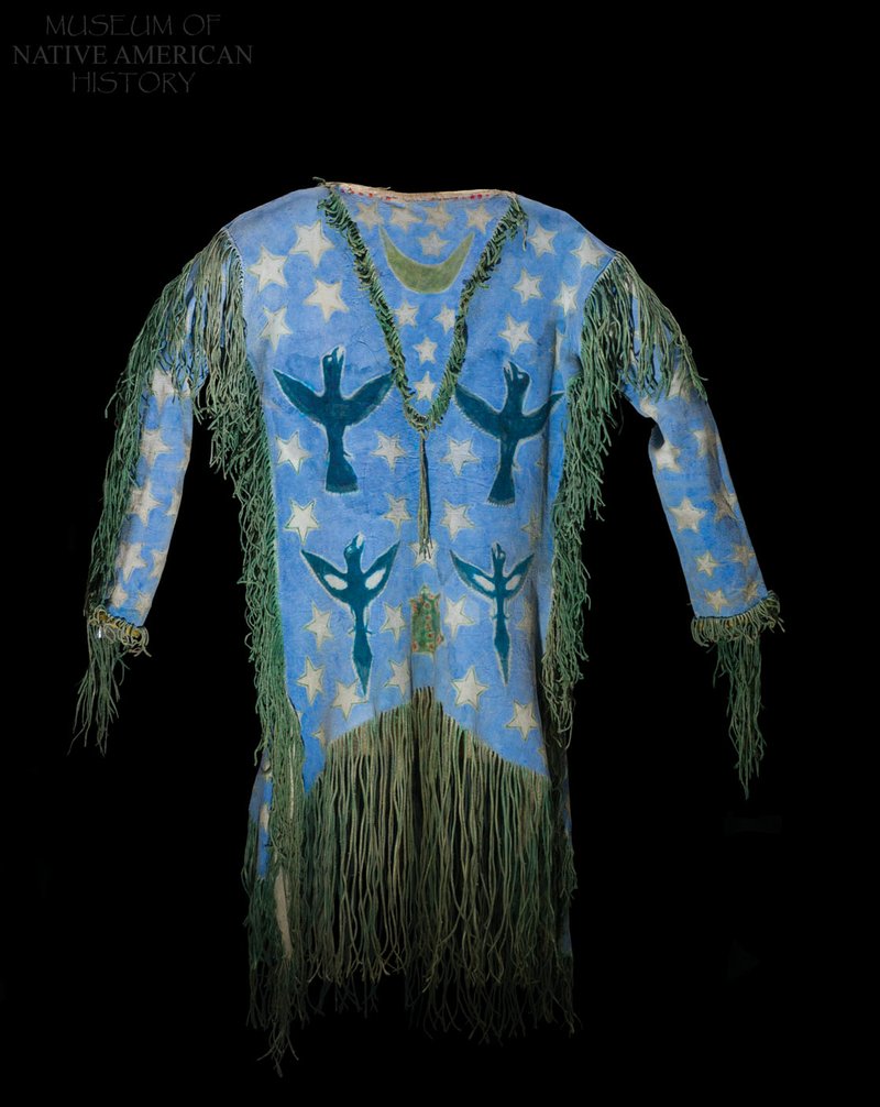 A ghost dancer shirt in the collection at the Museum of Native American History was acquired in Oklahoma and is likely Arapaho. It is made from soft leather and decorated with long fringe and painted designs. Stars are one of the most common motifs seen on these shirts, as they represent the heavens. The black birds signify open-beaked crows, while the ones with white on their wings are magpies. Among the Cheyenne and Arapaho, crows and magpies were depicted as messengers from the spirit world. (Courtesy Photo / MONAH)