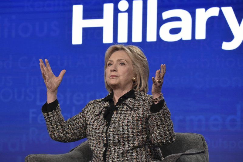 Hillary Clinton participates in the Hulu "Hillary" panel during the Winter 2020 Television Critics Association Press Tour, on Friday, Jan. 17, 2020, in Pasadena, Calif. (Photo by Richard Shotwell/Invision/AP)

