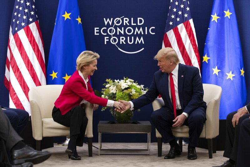 President Donald Trump meets with European Commission President Ursula von Der Leyen at the World Economic Forum, Tuesday, Jan. 21, 2020, in Davos, Switzerland. (AP Photo/ Evan Vucci)