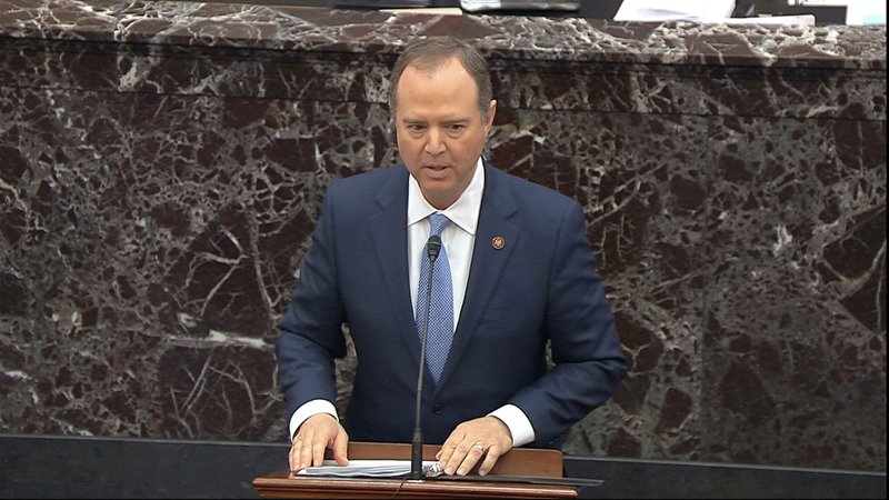 In this image from video, impeachment manager Rep. Adam Schiff, D-Calif., speaks against the organizing resolution for the trial against President Donald Trump in the Senate at the U.S. Capitol in Washington, Tuesday, Jan. 21, 2020. (Senate Television via AP)