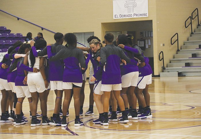 Siandhara Bonnet/News-Times El Dorado's girls basketball team huddles before taking on Mount St. Mary at Wildcat Arena. The Lady Wildcats downed Texarkana 60-54 Tuesday night.