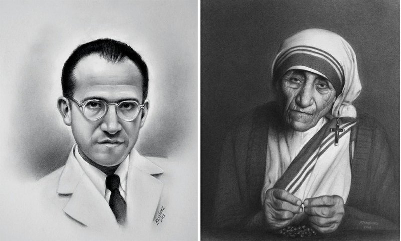 Two original works by Dr. Moises Menendez show charcoal portraits of Jonas Salk (left), the American scientist who invented one of the first polio vaccines, and Mother Teresa, the Catholic Saint of Calcutta whose missionary and humanitarian works in the 20th century were famed around the globe. 