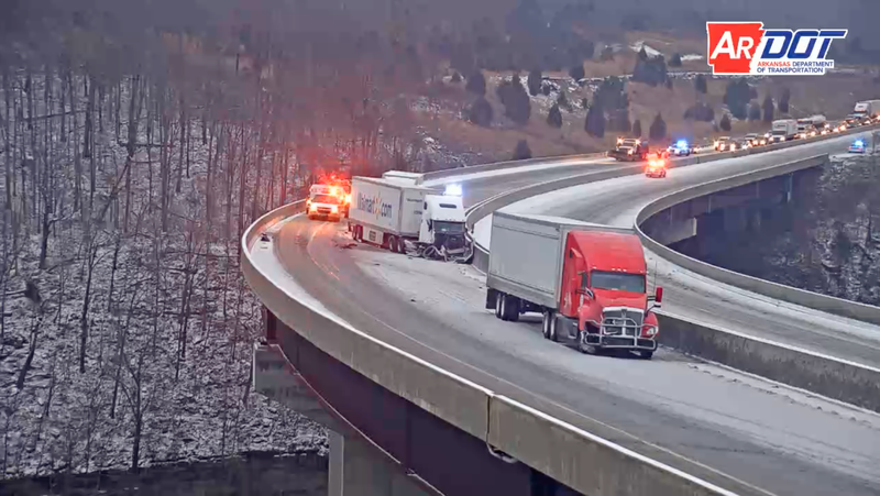 This photo from an Arkansas Department of Transportation camera shows a wreck blocking Interstate 49 on Wednesday morning.