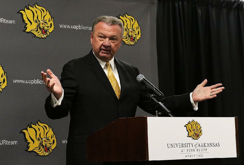 UAPB athletic director Chris Peterson speaks to the crowd during a press conference on Wednesday, Jan. 22, 2020, in Pine Bluff. (Arkansas Democrat-Gazette/Thomas Metthe)