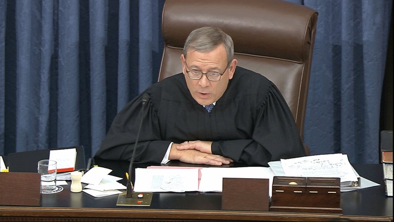 In the early hours Wednesday, Chief Justice John Roberts admonishes both sides after tempers flared.
(AP/Senate Television)