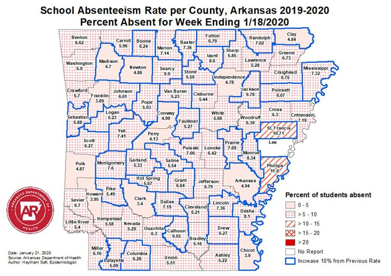 A graphic released by the Arkansas Department of Health that shows school absenteeism rates across the state.
