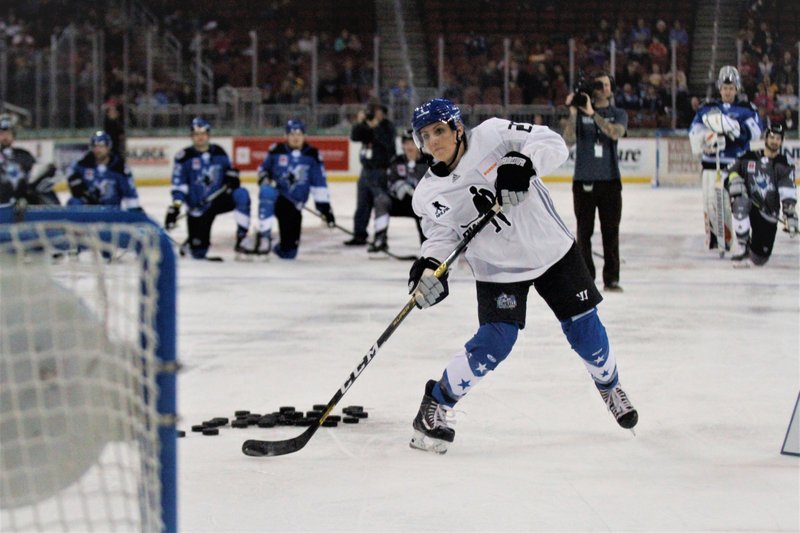 Professional Women's Hockey Players Association representative Annie Pankowski competes in the accuracy shot contest at the 2020 ECHL All-Star Classic on Jan. 23 in Wichita, Kan. - Photo by Hayden Barber of The Wichita Eagle via The Associated Press