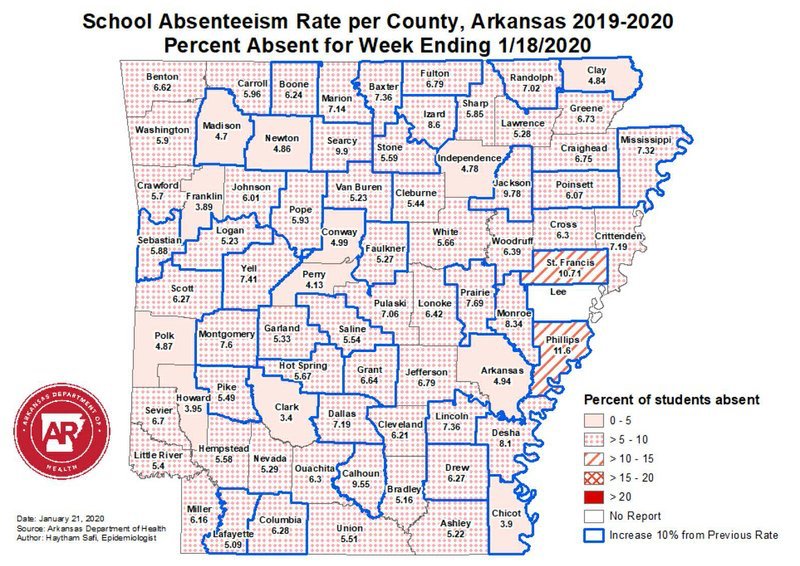 An Arkansas Department of Health graphic shows the school absenteeism rates across the state from the week of Jan. 13-21.