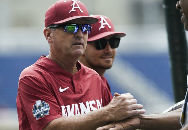 In this file photo Arkansas Razorbacks head coach Dave Van Horn greets a friend during a practice, Friday, June 14, 2019 at the TD Ameritrade Park in Omaha, Neb.
(NWA Democrat-Gazette/CHARLIE KAIJO)


