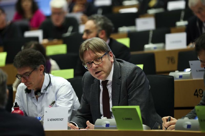 Guy Verhofstadt, chairman of the Brexit Steering Group, addresses European Parliament members Thursday in Brussels. More photos at arkansasonline.com/124brexit/.
(AP/Francisco Seco)