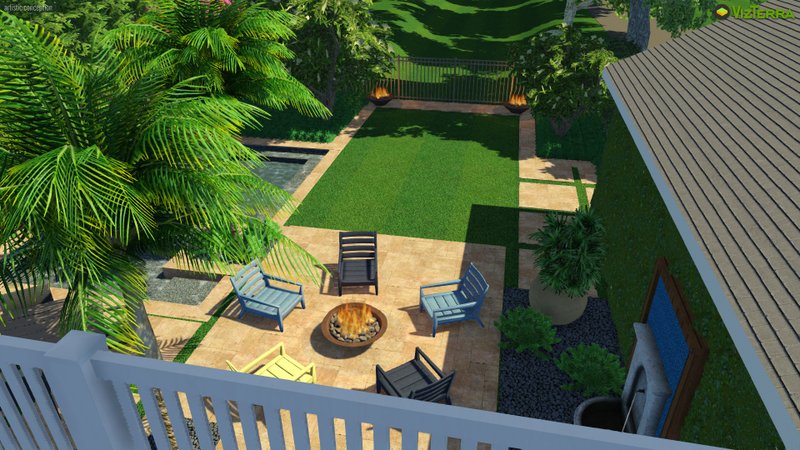 The landscape designer's plans improves sightlines and used strategically placed fire bowls to draw the eye. 
(Photo and rendering courtesy of Orlando Landscape Designs/via Marni Jameson)