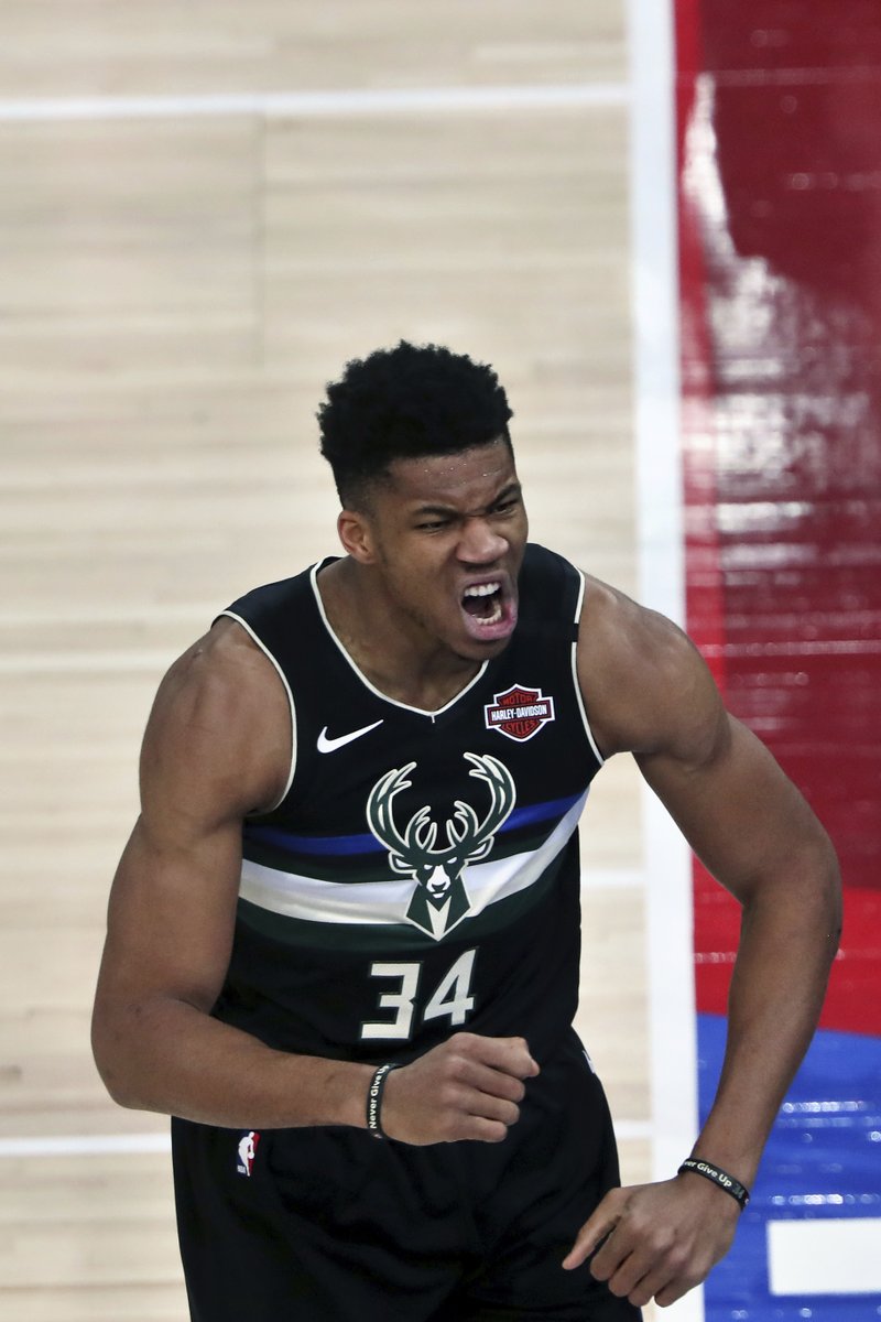 Milwaukee Bucks forward Giannis Antetokounmpo reacts during Friday's game against the Charlotte Hornets in Paris. - Photo by Thibault Camus of The Associated Press
