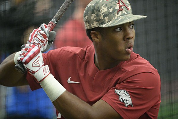 Arkansas left fielder Christian Franklin takes batting practice Friday, June 7, 2019, during practice in The Fowler Family Baseball and Track Training Center ahead of today's NCAA Super Regional game at Baum-Walker Stadium in Fayetteville.