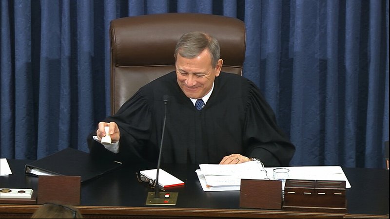 In this image from video, presiding officer Supreme Court Chief Justice John Roberts gavels the impeachment trial against President Donald Trump to a close for the day in the Senate at the U.S. Capitol in Washington, Saturday, Jan. 25, 2020. 

