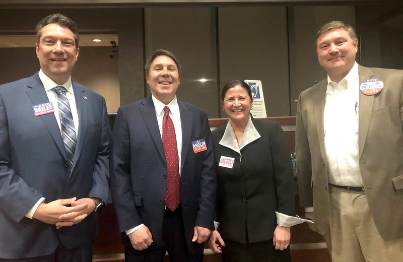 Photo submitted Two candidates seeking to be elected judge of Benton County Court, District 1, Division 3 in Siloam Springs, as well as two candidates for Benton County Circuit Court spoke at the Siloam Springs Republican Women's meeting on Monday. Pictured are David Bailey (left), A.J. Anglin, Christine Howart and Toby Noblin.