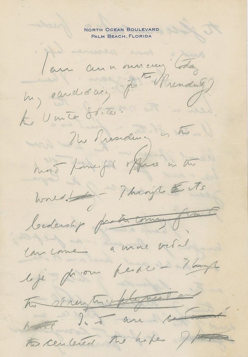 This December 2019, image released by RR Auction shows the first page of a handwritten draft of the 1960 speech by John F. Kennedy announcing his intention to run for president. The draft is among hundreds of items associated with the late president to be auctioned in January 2020, by the Boston-based auction firm. (Nikki Brickett/RR Auction via AP)
