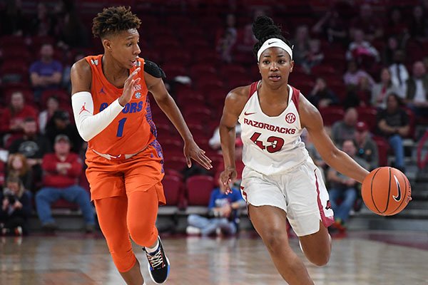 Arkansas guard Makayla Daniels (43) dribbles the ball against Florida guard Kiara Smith (1) during a game Sunday, Jan. 26, 2020, in Fayetteville. 