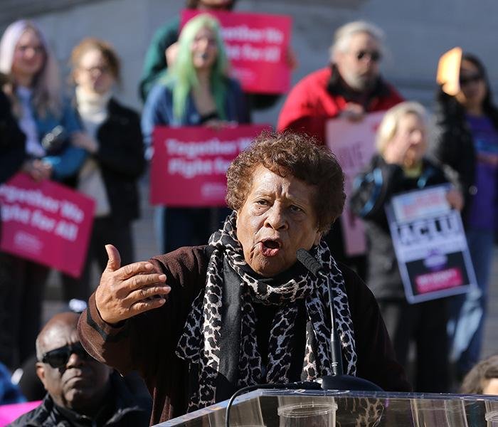 Former U.S. Surgeon General Joycelyn Elders speaks Saturday during the Arkansas Coalition for Reproductive Justice rally out- side the state Capitol in Little Rock. 