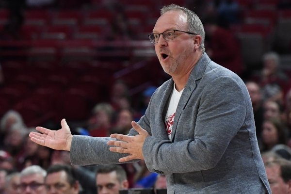 Razorbacks coach Mike Neighbors makes an expression during Arkansas' game against Florida on Jan. 26, 2020 at Bud Walton Arena. The Razorbacks won 79-57.
