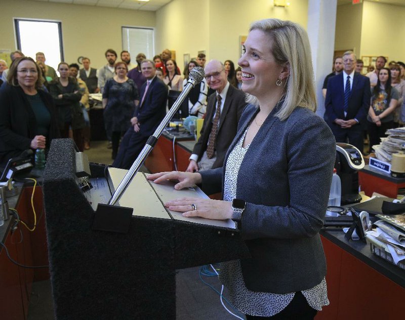 Eliza Gaines, vice president of audience development for WEHCO Media, speaks to Arkansas Democrat-Gazette employees Monday after being introduced as the next managing editor of the newspaper, succeeding David Bailey, who is retiring. More photos at arkansasonline.com/128editor/. 