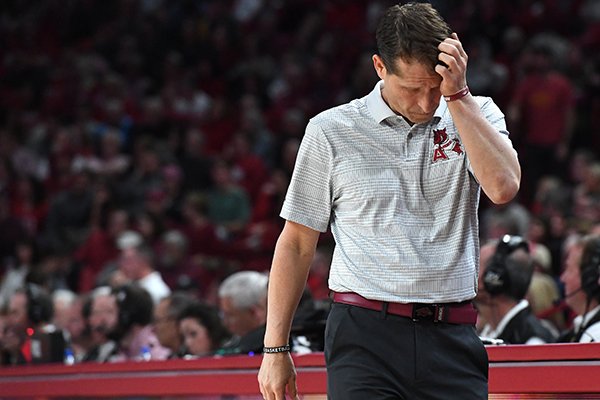 Arkansas coach Eric Musselman reacts to a turnover late during the Razorbacks' 79-77 loss to South Carolina on Wednesday, Jan. 29, 2020, in Fayetteville. 