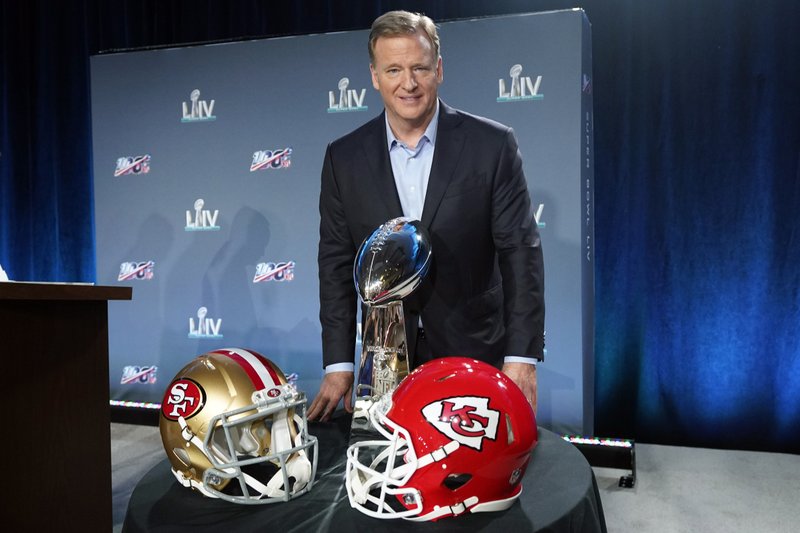 NFL Commissioner Roger Goodell poses with the Vince Lombardi Trophy after a news conference for the NFL Super Bowl 54 football game Wednesday, Jan. 29, 2020, in Miami. (AP Photo/David J. Phillip)