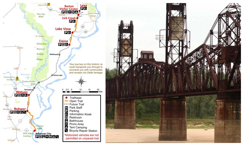 At left, a map of the planned Delta Heritage Trail. At right, the Arkansas River bridge at Yancopin that it will cross. (Courtesy Arkansas State Parks)