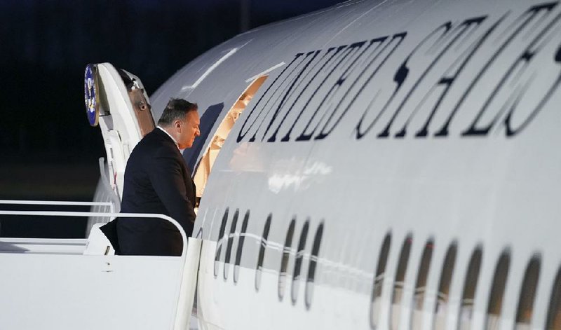 Secretary of State Mike Pompeo boards his plane Thursday for a flight to Kyiv, Ukraine, after a visit in London, the first stop on a trip that will also take him to Belarus, Kazakhstan and Uzbekistan.