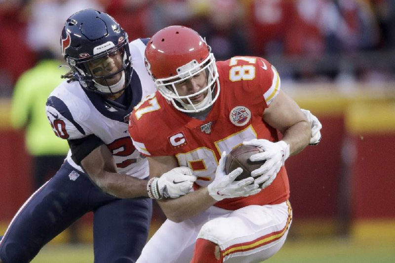 Kansas City Chiefs tight end Travis Kelce holds the NFL record for the most seasons by a tight end with 1,000 or more yards receiving with four. Kelce and the Chiefs face the San Francisco 49ers in Super Bowl LIV on Sunday in Miami.
(AP/Charlie Riedel)