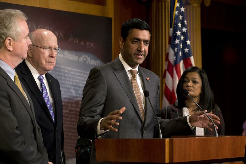 Rep. Ro Khanna, D-Calif., accompanied on Capitol Hill earlier this month by Democratic lawmakers (from left) Sens. Chris Van Hollen of Maryland and Patrick Leahy of Vermont and Rep. Pramila Jayapal of Washington, speaks about a measure to limit President Donald Trump’s ability to take military action against Iran.