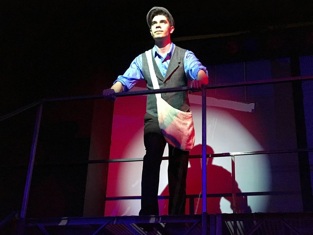 Actor Michael Myers as Jack Kelly leads the newsboys of New York City into a David-and-Goliath fight against Joseph Pulitzer in the Arkansas Public Theatre production of "Newsies." See more at nwaonline.com/video. (NWA Democrat-Gazette/Becca Martin-Brown)