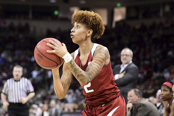 Arkansas guard Alexis Tolefree (2) attempts a shot during the first half of an NCAA college basketball game Thursday, Jan. 9, 2020, in Columbia, S.C. (AP Photo/Sean Rayford)

