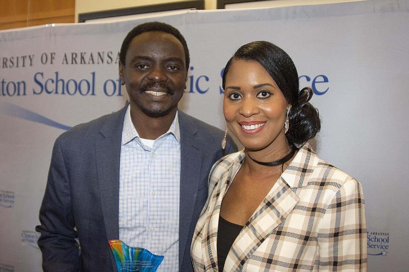 Benito Lubazibwa and Ericka Benedicto at the 2020 Advancing Equity Award reception at the Clinton School of Public Service on Jan. 21, 2020.  (Arkansas Democrat-Gazette/Cary Jenkins)