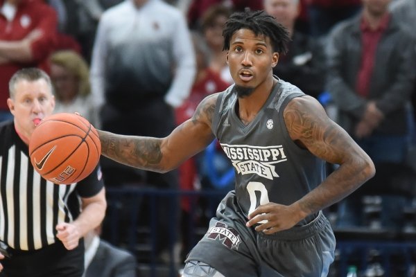 Mississippi State guard Nick Weatherspoon pushes down the court during the second half of an NCAA college basketball game against Oklahoma in Oklahoma City, Saturday, Jan. 25, 2020. (AP Photo/Kyle Phillips)