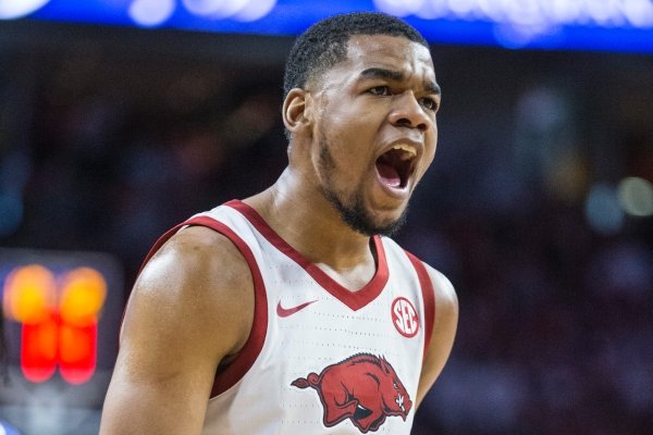 Mason Jones, Arkansas guard, celebrates after making a shot in the first half vs Kentucky Saturday, Jan. 18, 2020, at Bud Walton Arena in Fayetteville. Go to nwaonline.com/photos to see more photos.