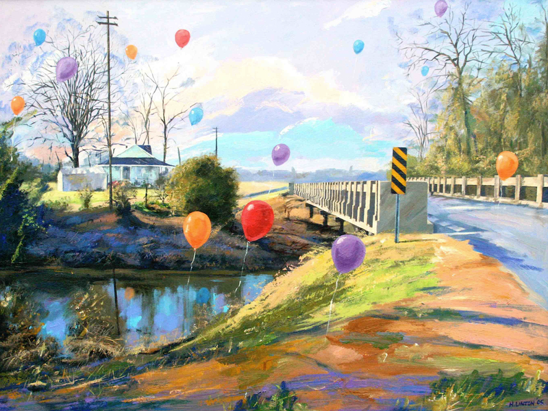 "Bayou Meto #2" by Henri Linton. The balloons that appear in some of his paintings “speak to the joy of life, but at the same time remind us that life is very brief,” he says.

(Courtesy Henri Linton)
