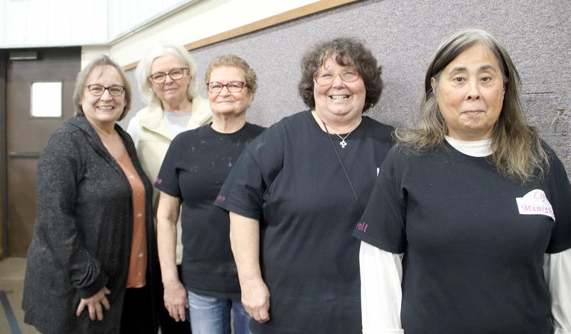 LYNN KUTTER ENTERPRISE-LEADER The "Thursday Girls" who volunteer as cashiers on Thursday mornings at the LIFE Ministries Resale Shop in Prairie Grove: Jeanette Pearson (left), Pam Hyler, Edna King, Allyne Bottoms and Jewel Childres. Shirley Mathias is not pictured. The women were recognized at the ministry's volunteer appreciation luncheon for the number of years they've volunteered and their commitment to help at the front counter.