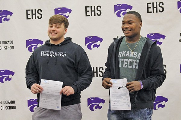 Contributed Photo El Dorado’s Cameron Deal (left) and Carmerius Rucks (right) pose after finalizing their college choices Wednesday. A guard, Deal will be attending Hendrix College, while Rucks, a linebacker, signed to play at Arkansas Tech.