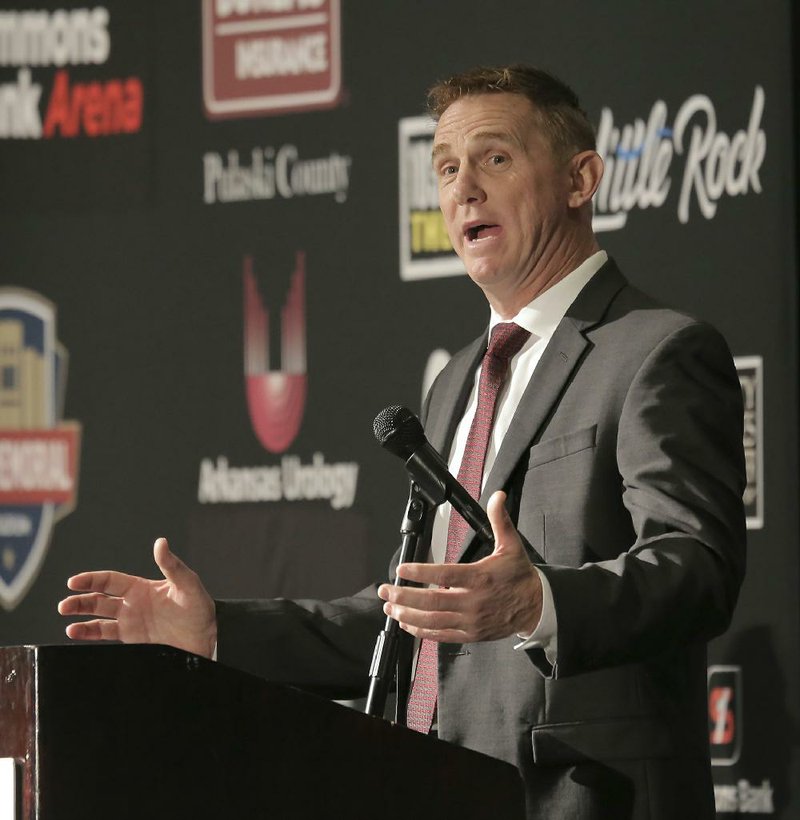 In this file photo Arkansas State football coach Blake Anderson is shown speaking at the Little Rock Touchdown Club's meeting at the DoubleTree Hotel in Little Rock. 
(Arkansas Democrat-Gazette/JOHN SYKES JR.)